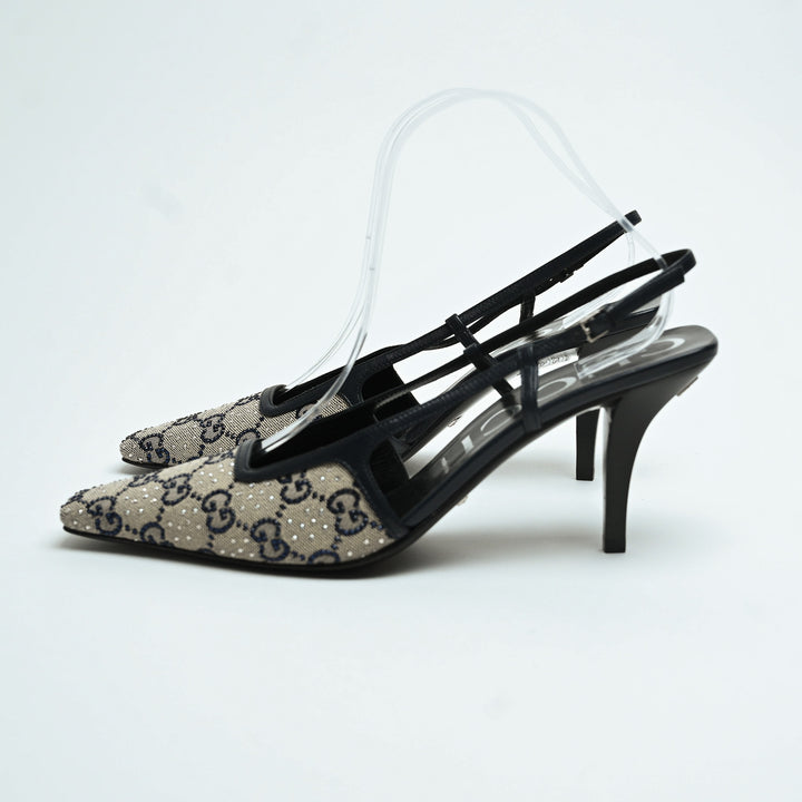 Gucci Beige & Navy GG Supreme Canvas Slingbacks with Crystals Size 40