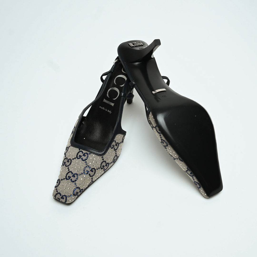 Gucci Beige & Navy GG Supreme Canvas Slingbacks with Crystals Size 40
