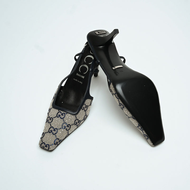 Gucci Beige & Navy GG Supreme Canvas Slingbacks with Crystals Size 40