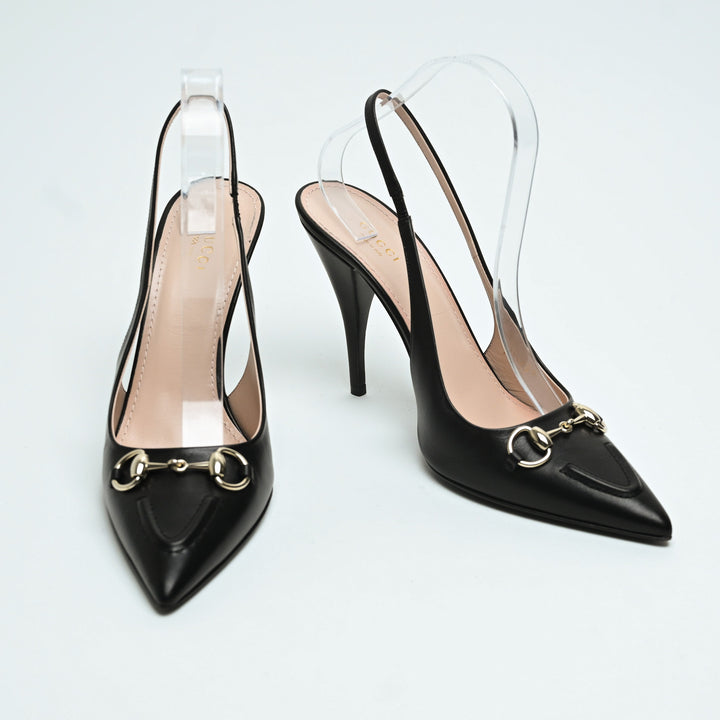 Gucci Black Calf Leather Horsebit Slingbacks Size 40.5