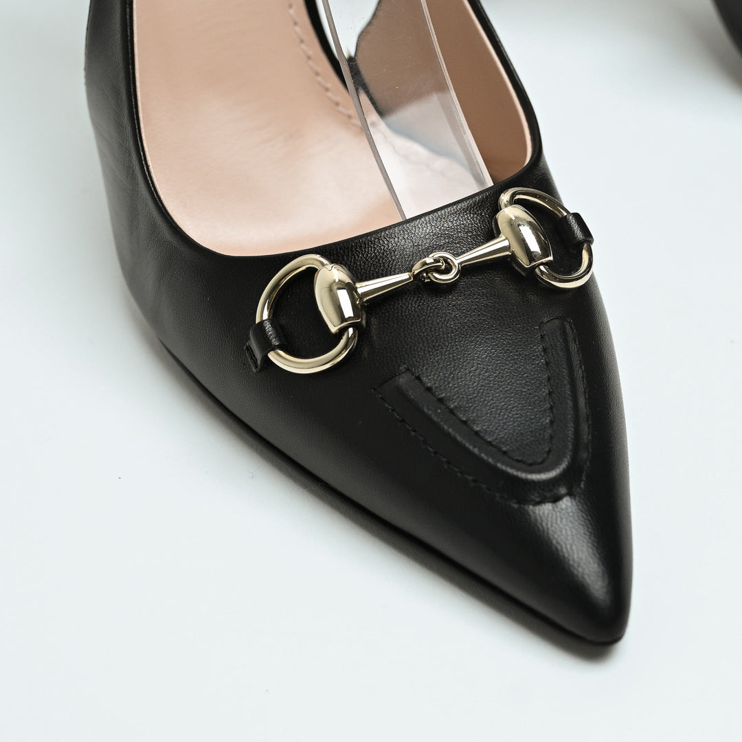 Gucci Black Calf Leather Horsebit Slingbacks Size 40.5