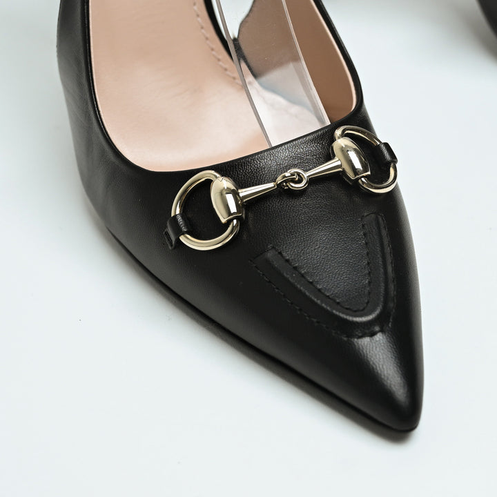 Gucci Black Calf Leather Horsebit Slingbacks Size 40.5
