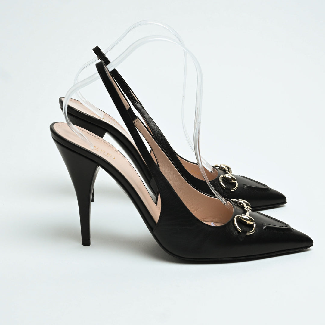 Gucci Black Calf Leather Horsebit Slingbacks Size 40.5