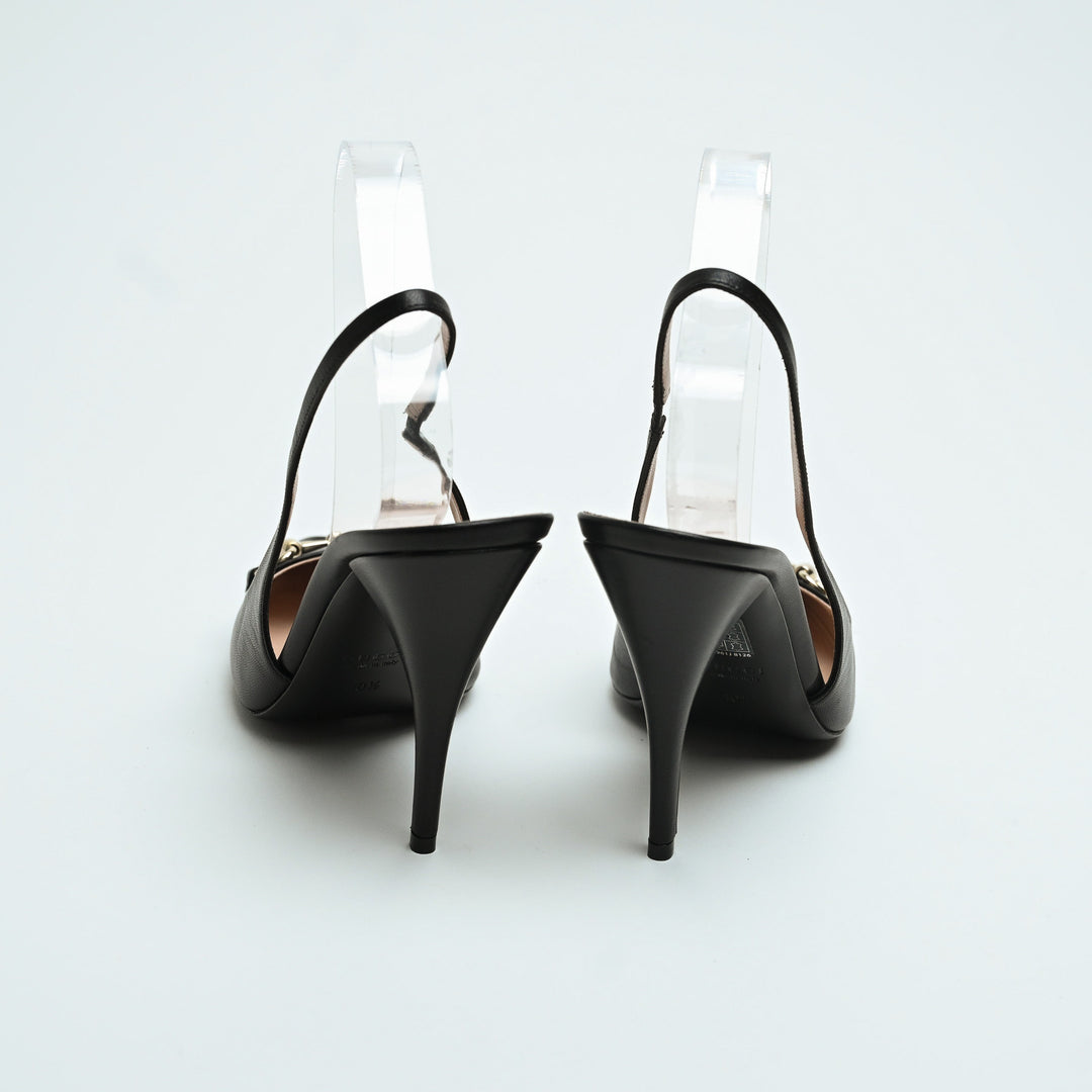 Gucci Black Calf Leather Horsebit Slingbacks Size 40.5