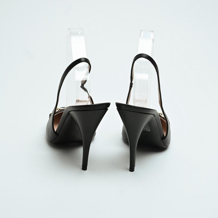 Gucci Black Calf Leather Horsebit Slingbacks Size 40.5