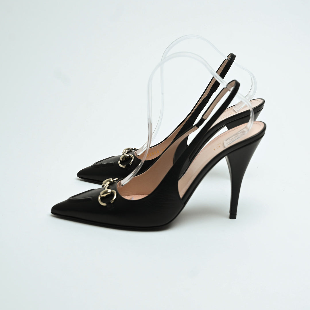 Gucci Black Calf Leather Horsebit Slingbacks Size 40.5