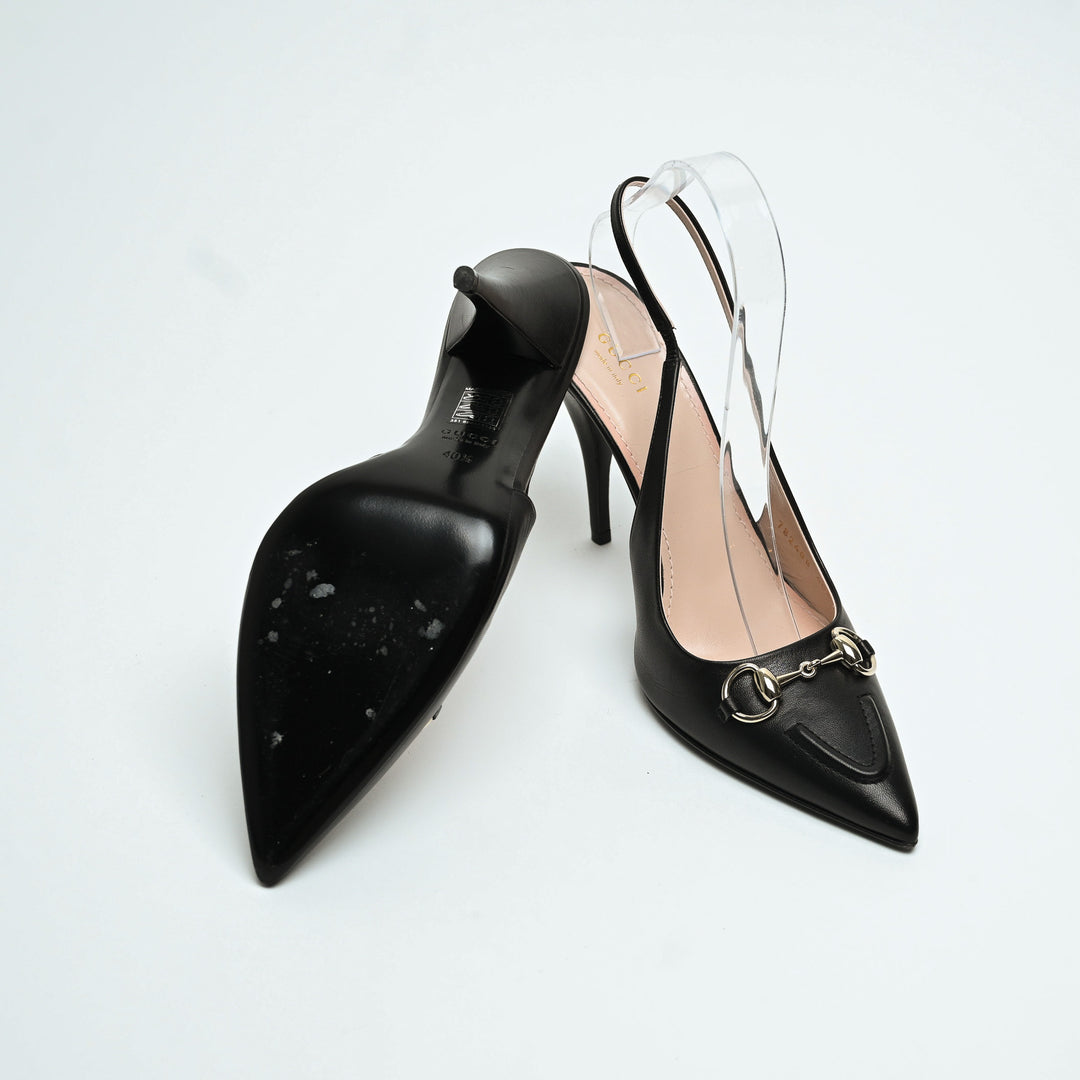 Gucci Black Calf Leather Horsebit Slingbacks Size 40.5