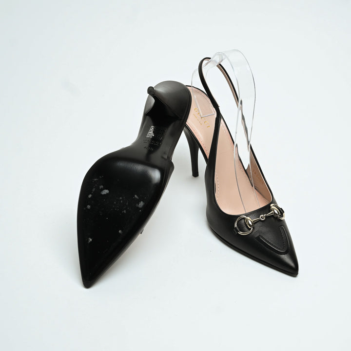Gucci Black Calf Leather Horsebit Slingbacks Size 40.5
