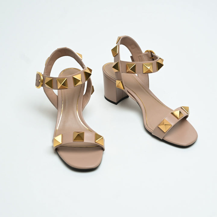 Valentino Taupe Smooth Leather Roman Rockstud Block Heel Sandals Size 38