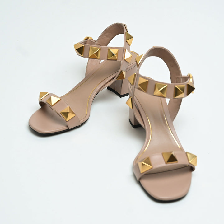Valentino Taupe Smooth Leather Roman Rockstud Block Heel Sandals Size 38