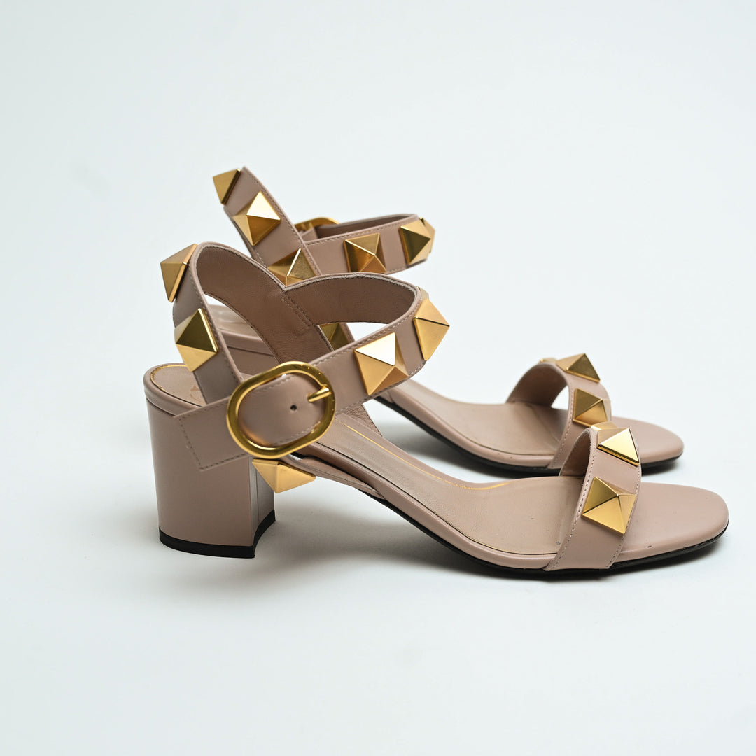 Valentino Taupe Smooth Leather Roman Rockstud Block Heel Sandals Size 38
