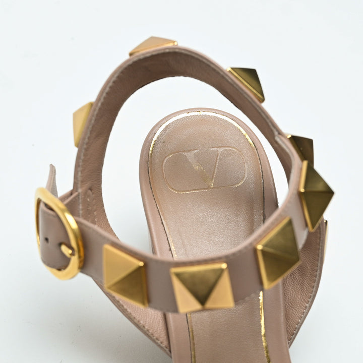 Valentino Taupe Smooth Leather Roman Rockstud Block Heel Sandals Size 38