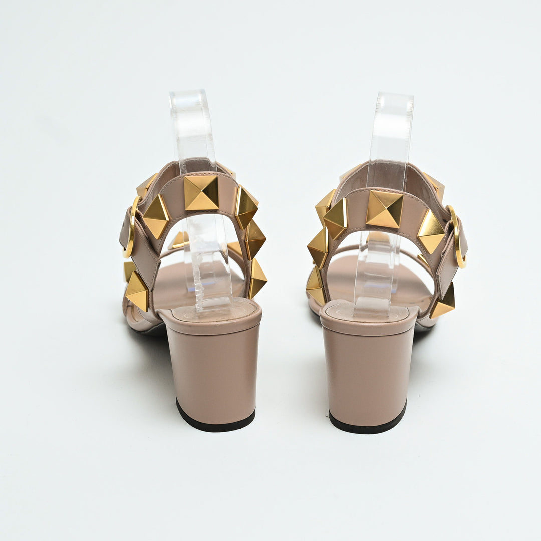 Valentino Taupe Smooth Leather Roman Rockstud Block Heel Sandals Size 38