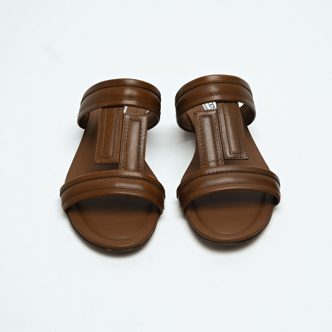 Tod's Brown Calf Leather Double T Strap Flat Sandals Size 38.5