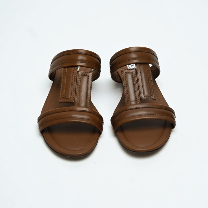 Tod's Brown Calf Leather Double T Strap Flat Sandals Size 38.5