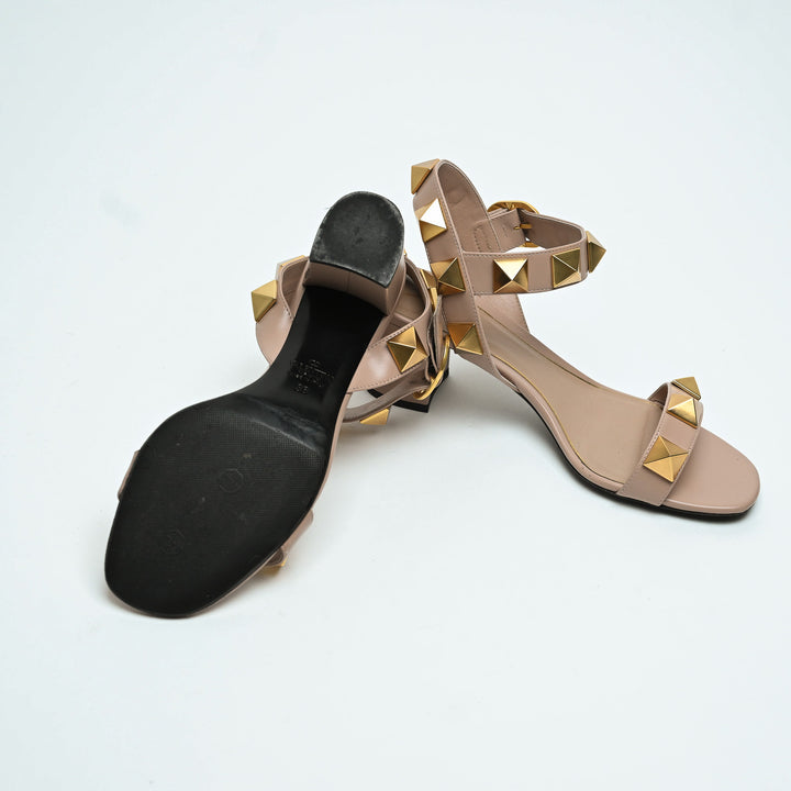 Valentino Taupe Smooth Leather Roman Rockstud Block Heel Sandals Size 38