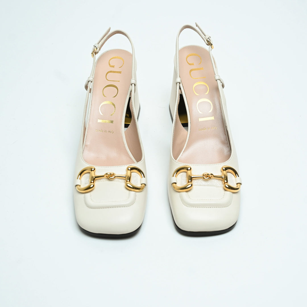 Gucci White Calf Leather Horsebit Block Heel Slingbacks Size 40