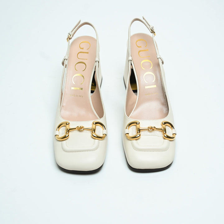 Gucci White Calf Leather Horsebit Block Heel Slingbacks Size 40