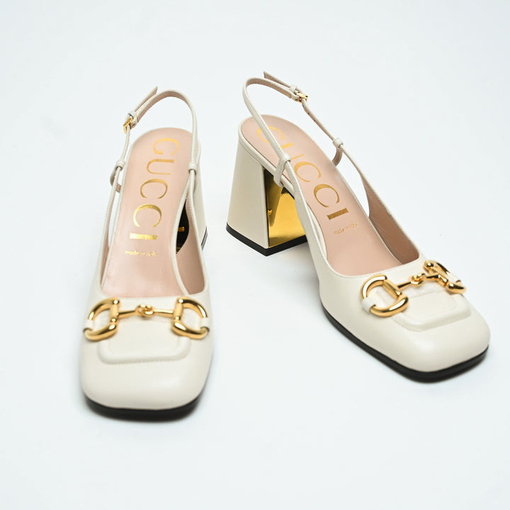 Gucci White Calf Leather Horsebit Block Heel Slingbacks Size 40