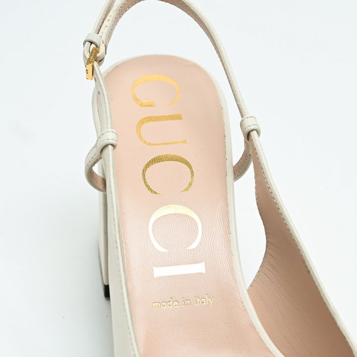 Gucci White Calf Leather Horsebit Block Heel Slingbacks Size 40