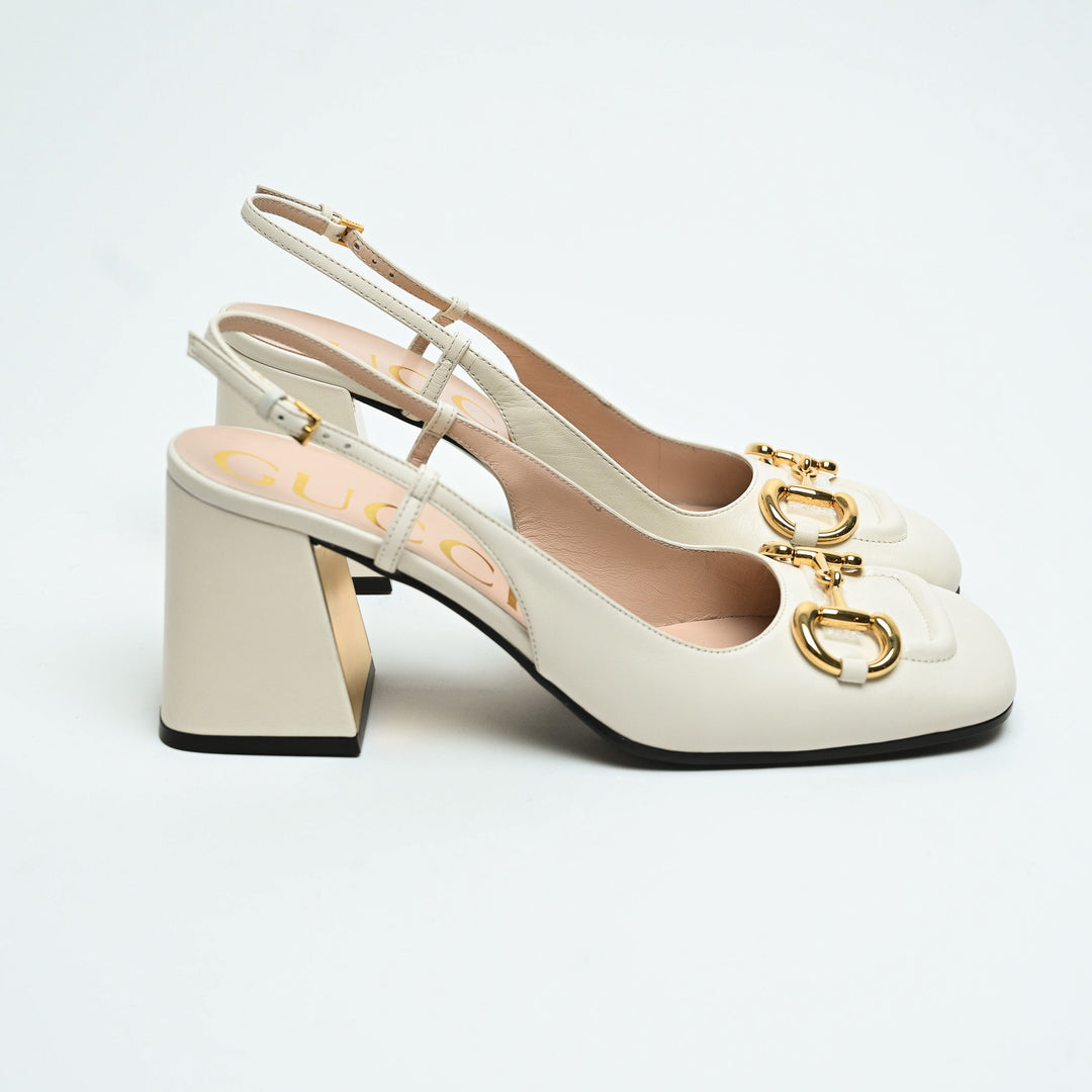 Gucci White Calf Leather Horsebit Block Heel Slingbacks Size 40