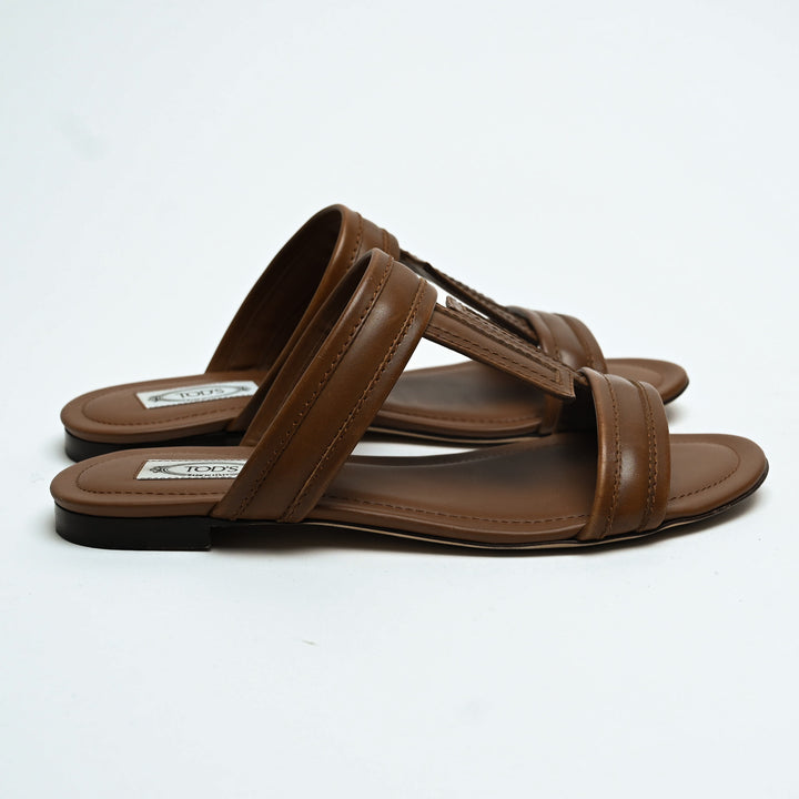 Tod's Brown Calf Leather Double T Strap Flat Sandals Size 38.5