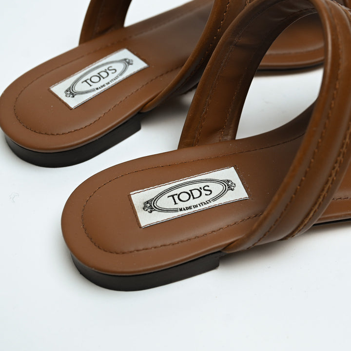 Tod's Brown Calf Leather Double T Strap Flat Sandals Size 38.5