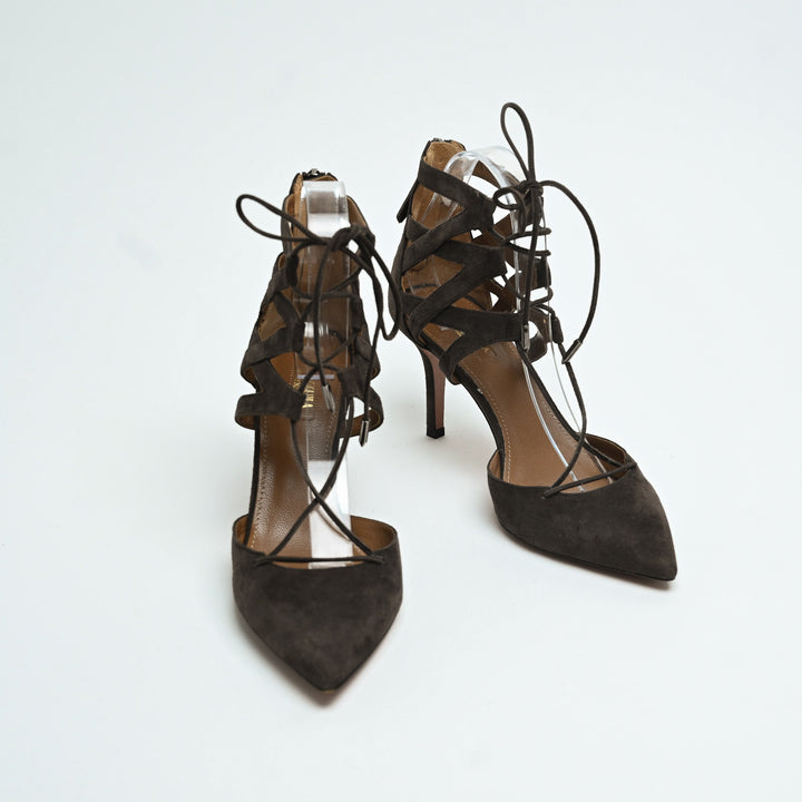Aquazurra Brown Suede Belgravia Lace-Up Heels Size 39