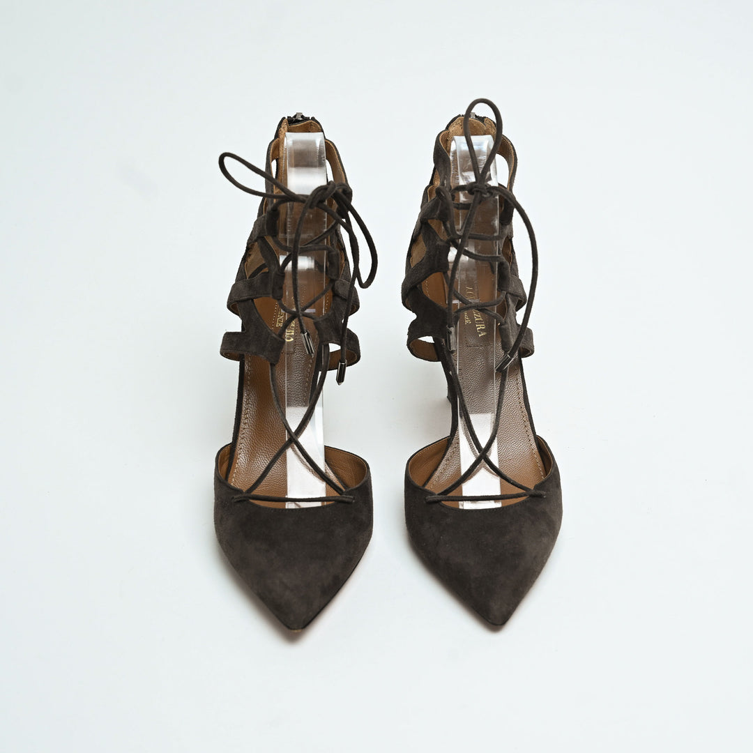 Aquazurra Brown Suede Belgravia Lace-Up Heels Size 39