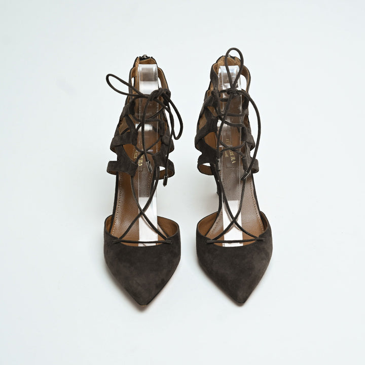 Aquazurra Brown Suede Belgravia Lace-Up Heels Size 39