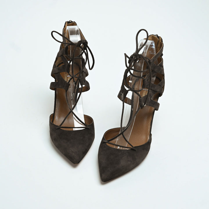 Aquazurra Brown Suede Belgravia Lace-Up Heels Size 39