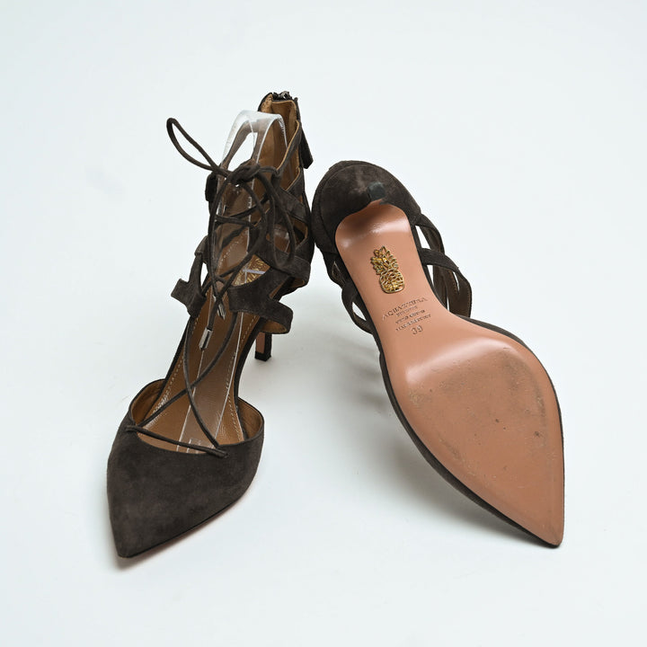 Aquazurra Brown Suede Belgravia Lace-Up Heels Size 39