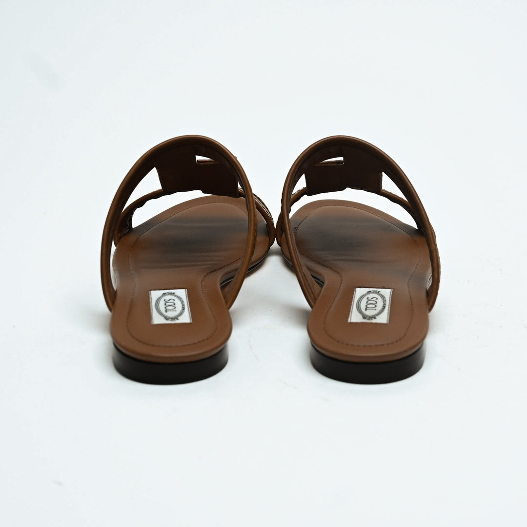 Tod's Brown Calf Leather Double T Strap Flat Sandals Size 38.5