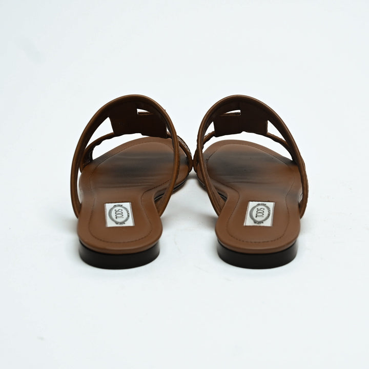 Tod's Brown Calf Leather Double T Strap Flat Sandals Size 38.5