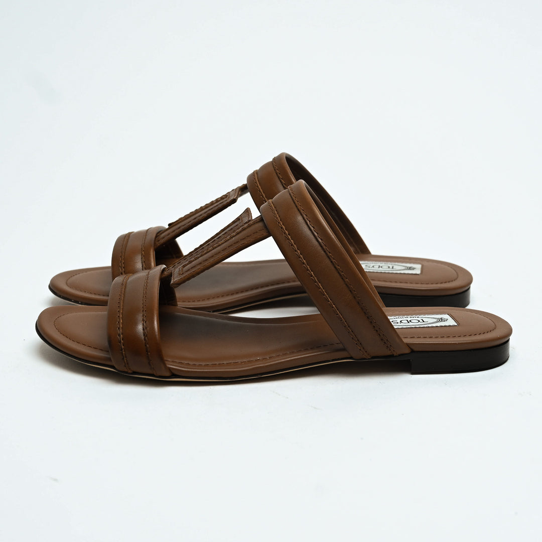 Tod's Brown Calf Leather Double T Strap Flat Sandals Size 38.5