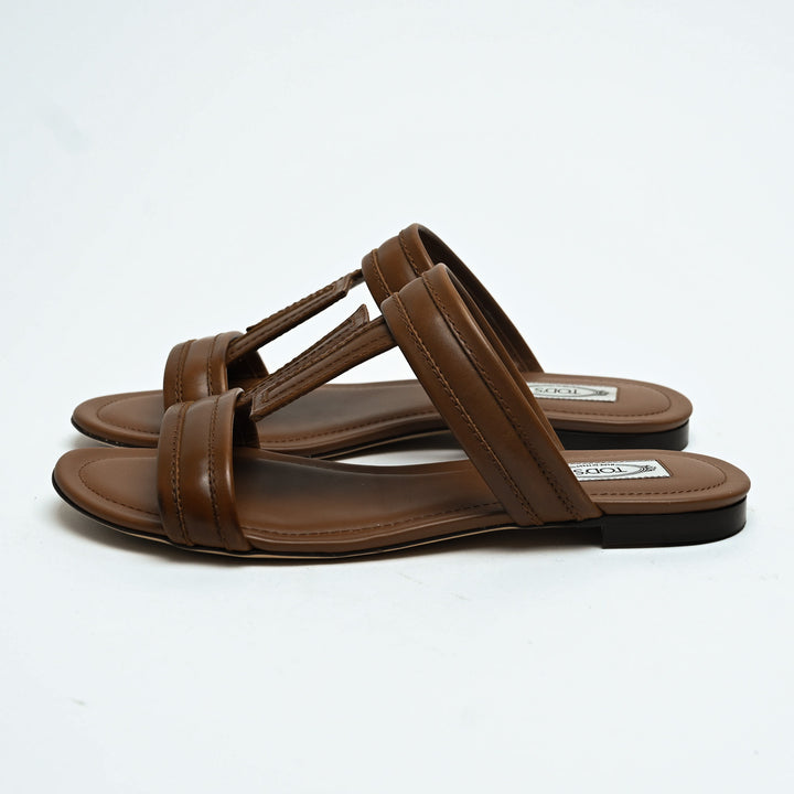 Tod's Brown Calf Leather Double T Strap Flat Sandals Size 38.5