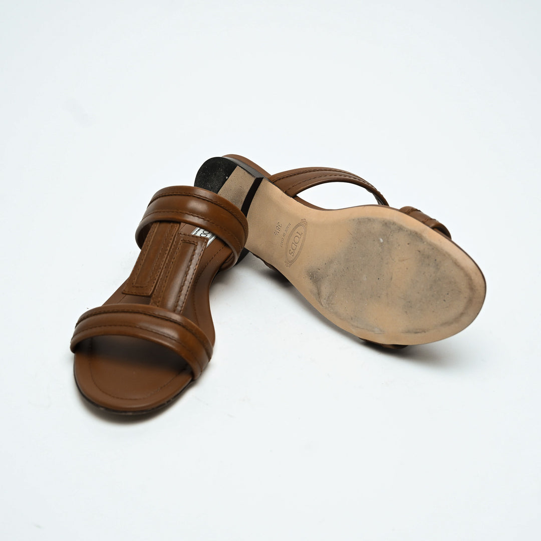 Tod's Brown Calf Leather Double T Strap Flat Sandals Size 38.5