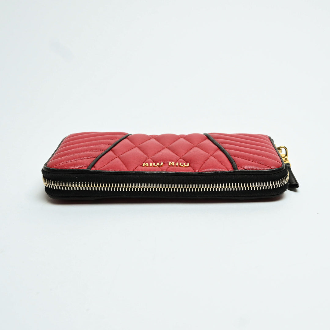 Miu Miu Red Quilted Lambskin Leather Zip Wallet with Black Piping