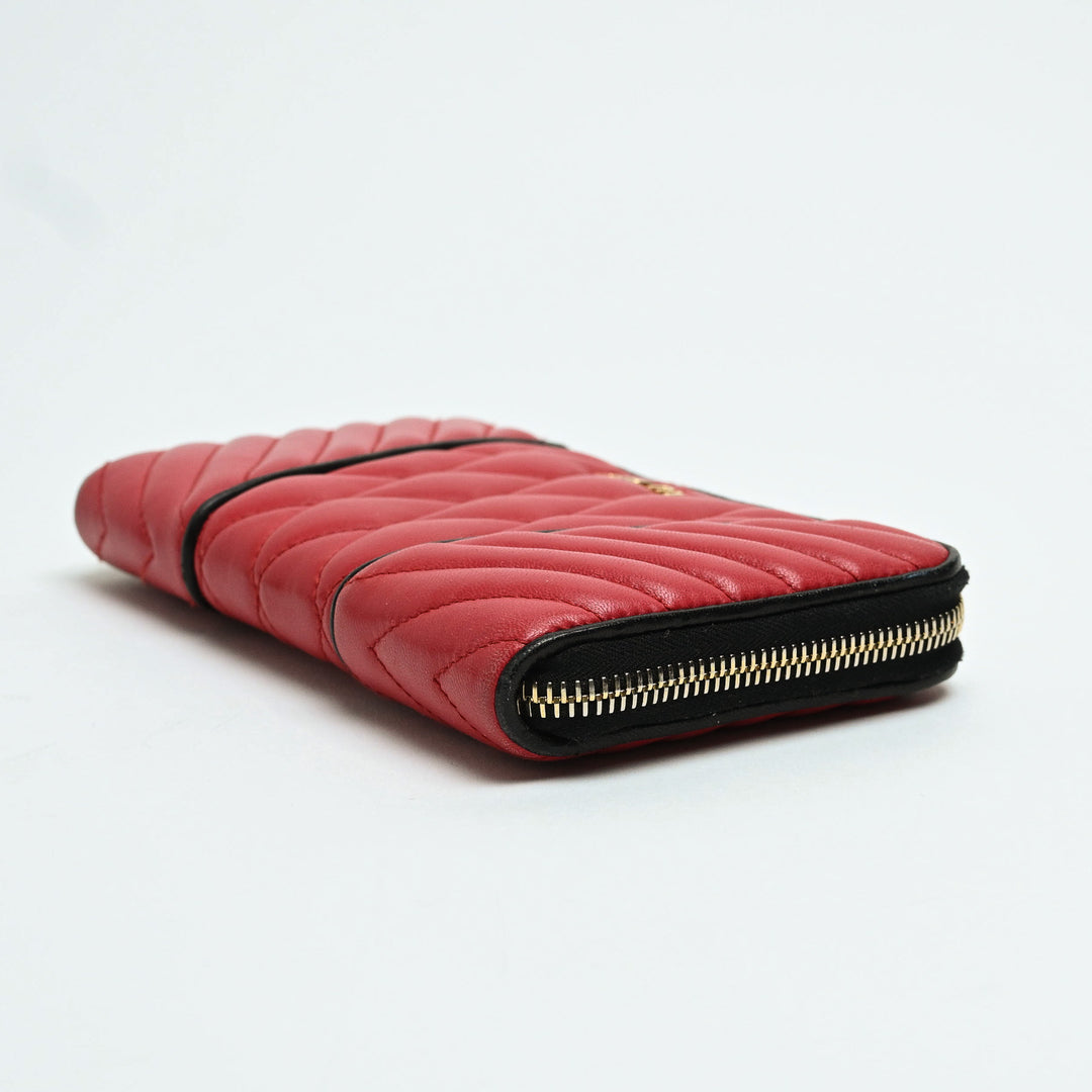 Miu Miu Red Quilted Lambskin Leather Zip Wallet with Black Piping
