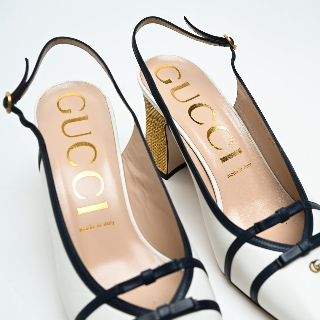Gucci White Calf Leather GG Block Heel Slingback Pumps Size 40