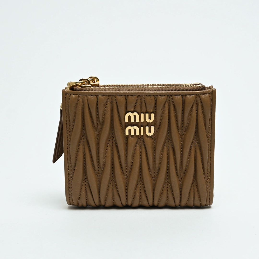 Miu Miu Tan Matelasse Nappa Leather Double Zip Bifold Wallet