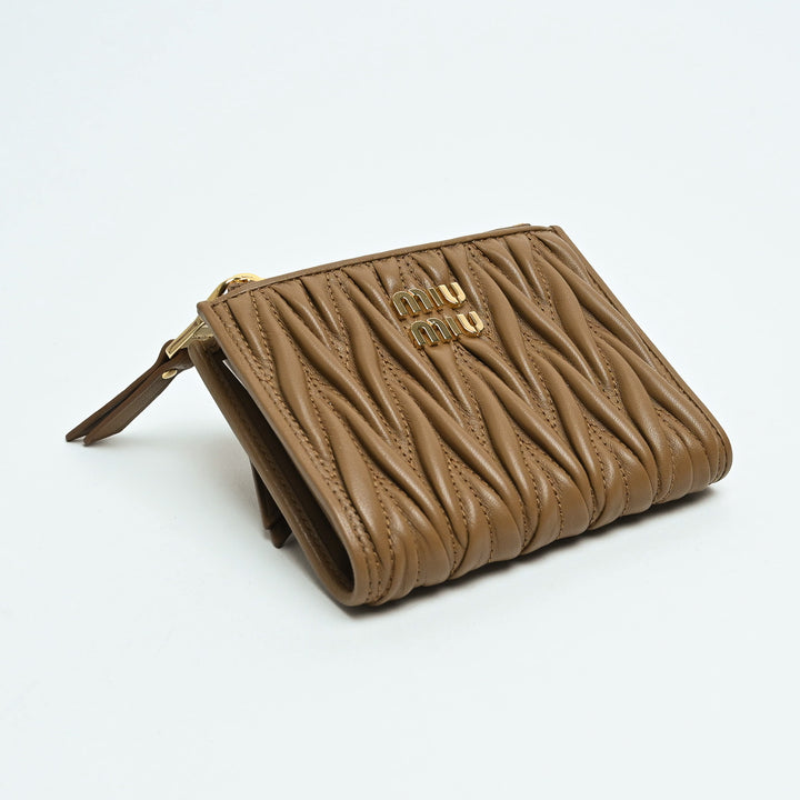 Miu Miu Tan Matelasse Nappa Leather Double Zip Bifold Wallet