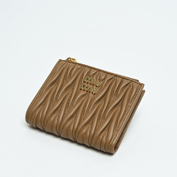 Miu Miu Tan Matelasse Nappa Leather Double Zip Bifold Wallet