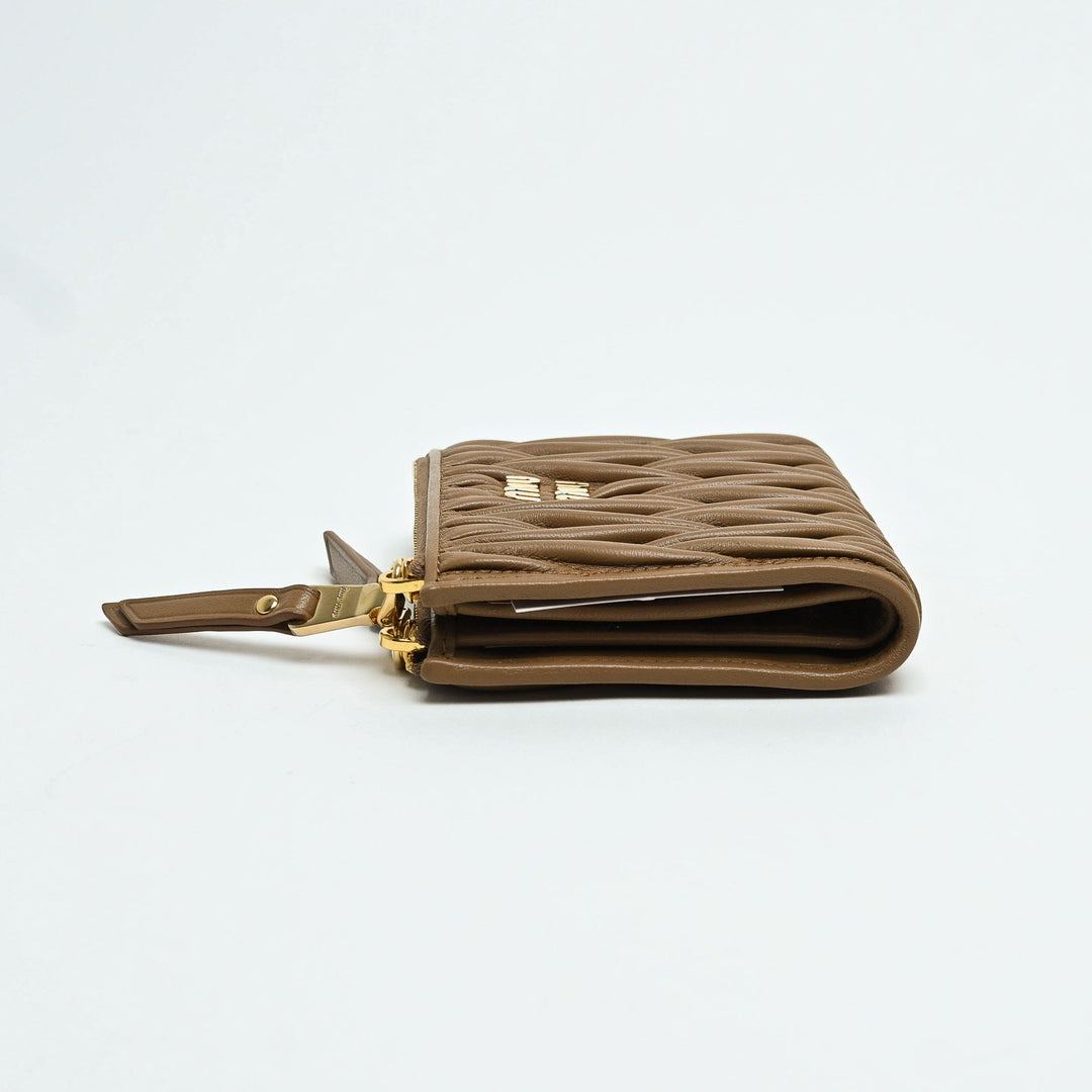 Miu Miu Tan Matelasse Nappa Leather Double Zip Bifold Wallet