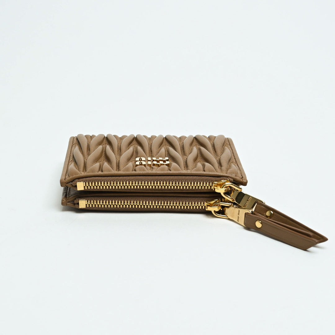 Miu Miu Tan Matelasse Nappa Leather Double Zip Bifold Wallet