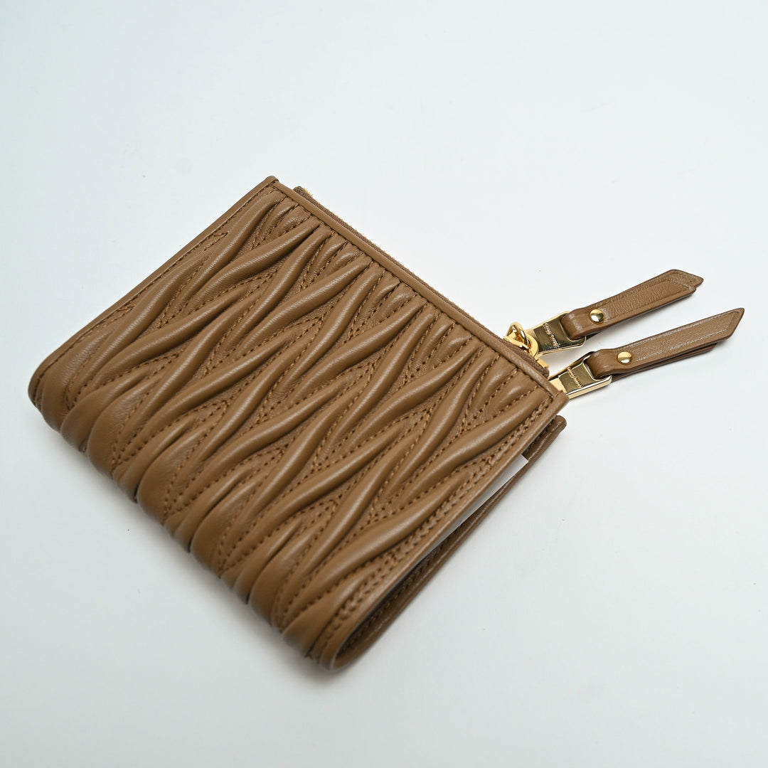 Miu Miu Tan Matelasse Nappa Leather Double Zip Bifold Wallet