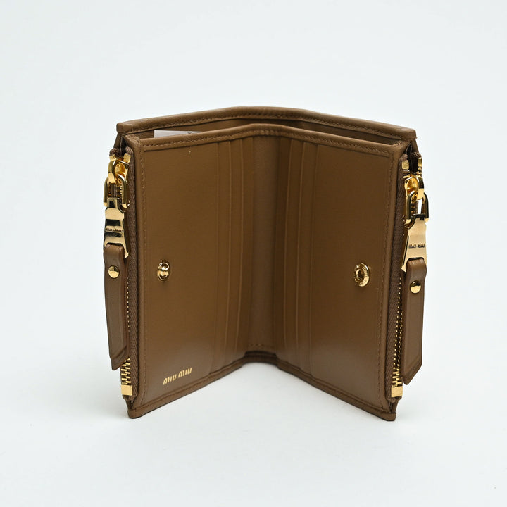 Miu Miu Tan Matelasse Nappa Leather Double Zip Bifold Wallet