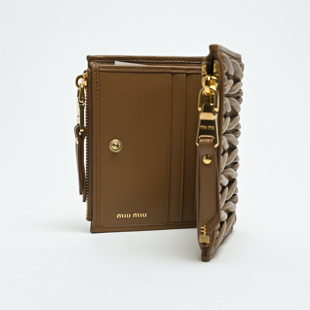 Miu Miu Tan Matelasse Nappa Leather Double Zip Bifold Wallet