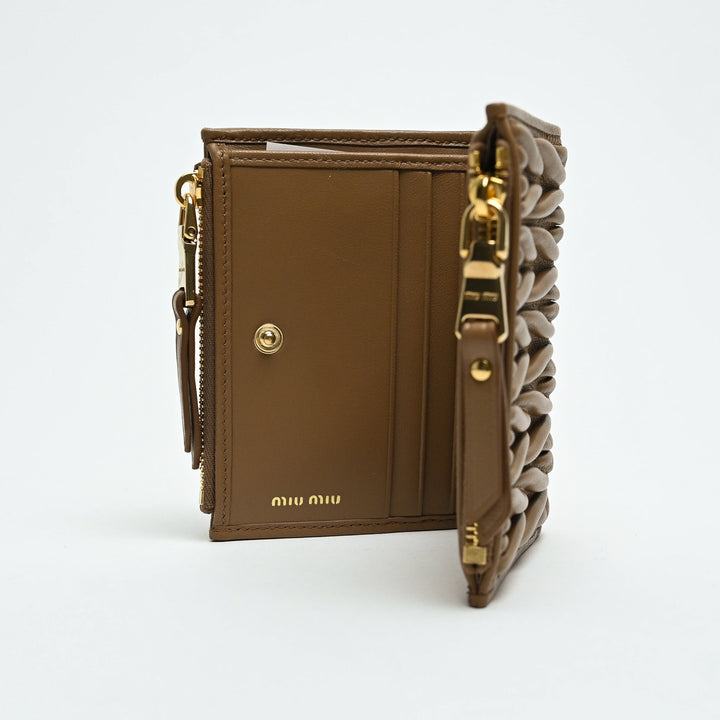 Miu Miu Tan Matelasse Nappa Leather Double Zip Bifold Wallet