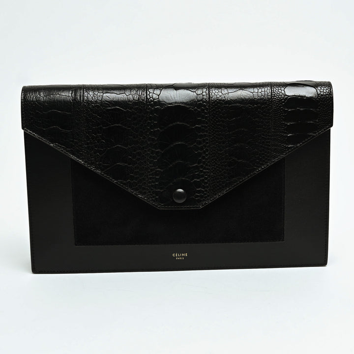 Celine Black Suede & Croc Embossed Leather Envelope Clutch with Chain
